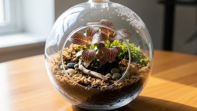 Fittonia plant in a glass terrarium with soil, stones, and moss