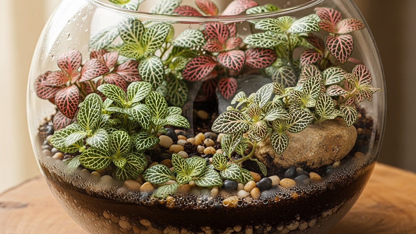 Colorful Fittonia varieties in a glass terrarium bowl
