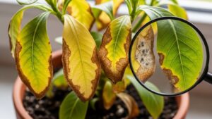 Fittonia plant with yellowing leaves and brown edges under magnifying glass