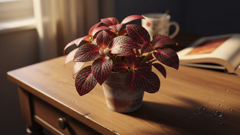 Vibrant Fittonia plant on a wooden desk, ideal for office decor.