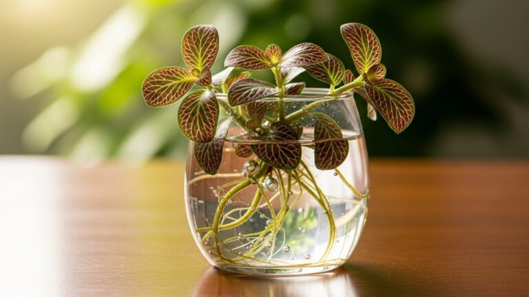 Fittonia plant growing in transparent glass vase with water