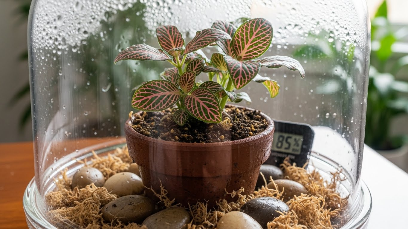 Fittonia plant in pot under glass dome showing humidity level at 85 percent