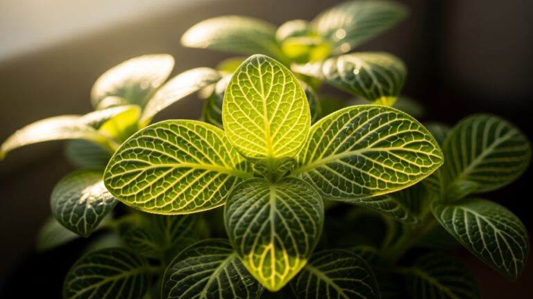 Fittonia plant leaves in bright light showing vibrant green veins