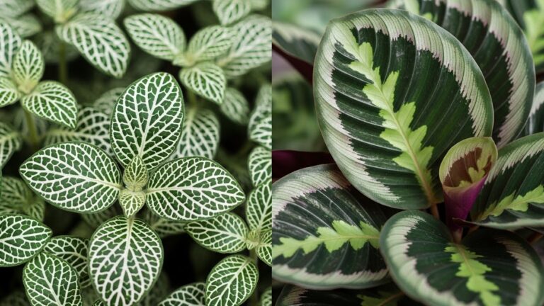 Comparison of Fittonia and Calathea leaves showcasing vibrant pattern differences