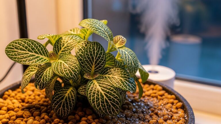 Vibrant Fittonia plant near humidifier preventing cold shock indoors