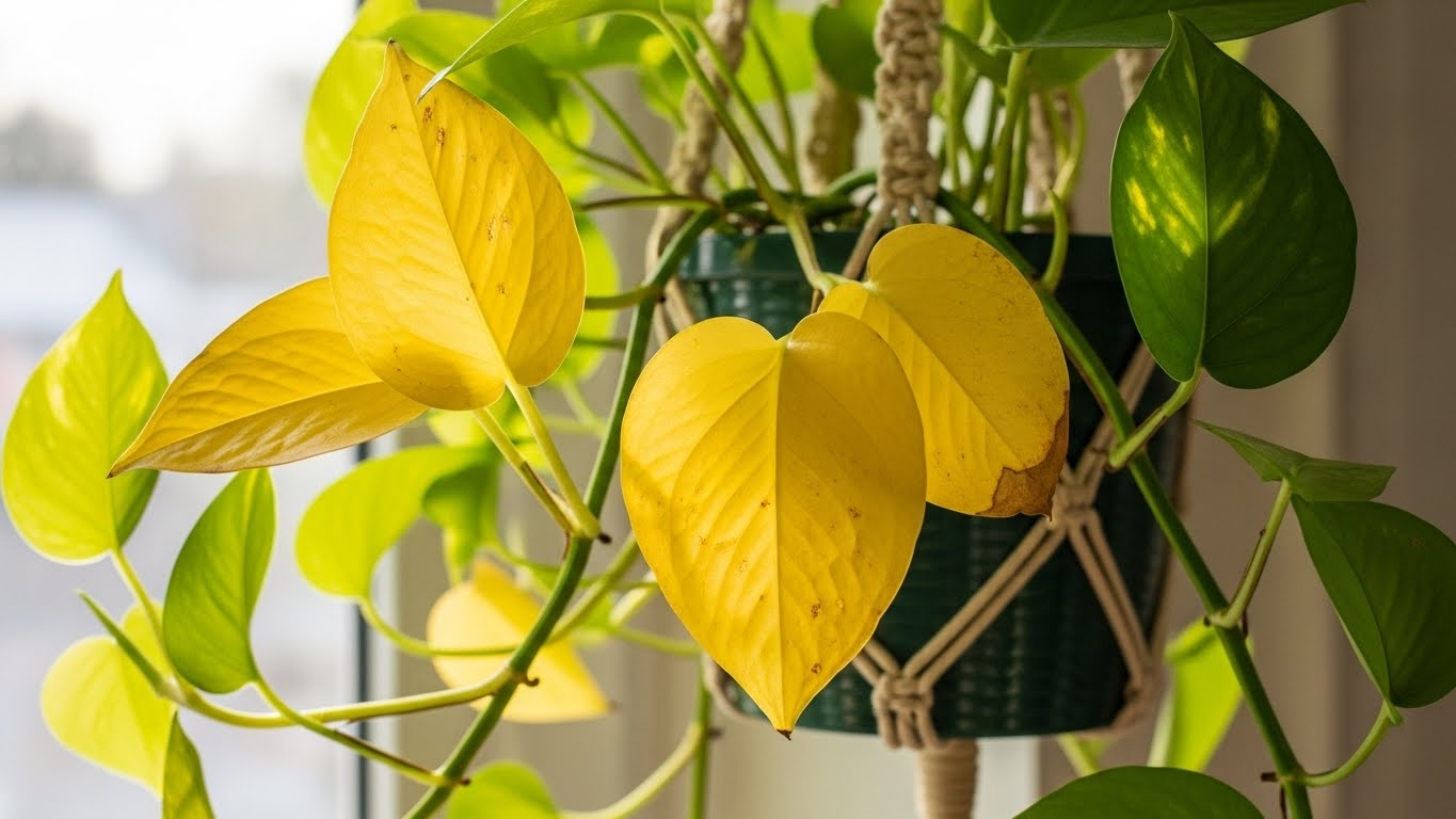 Pothos plant with yellow and green leaves in bright natural light