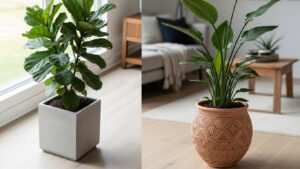 Stylish indoor floor plants in modern pots for spacious room design