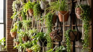 Vertical focal wall with various hanging planters and plants