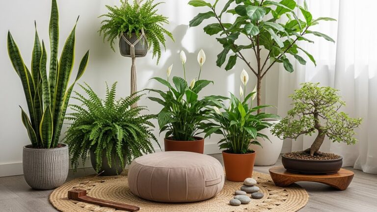 Indoor plants enhancing a meditation and yoga corner