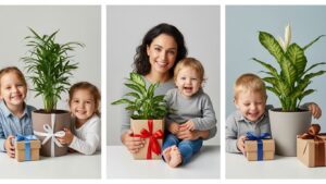Family gifting plants across generations with children and mother.