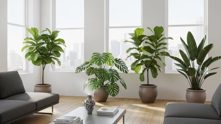 Modern living room with glossy-leaf indoor plants and large windows