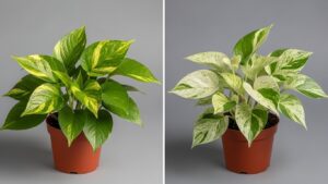 Golden Pothos and Marble Queen Pothos side by side in pots displaying leaf color differences.