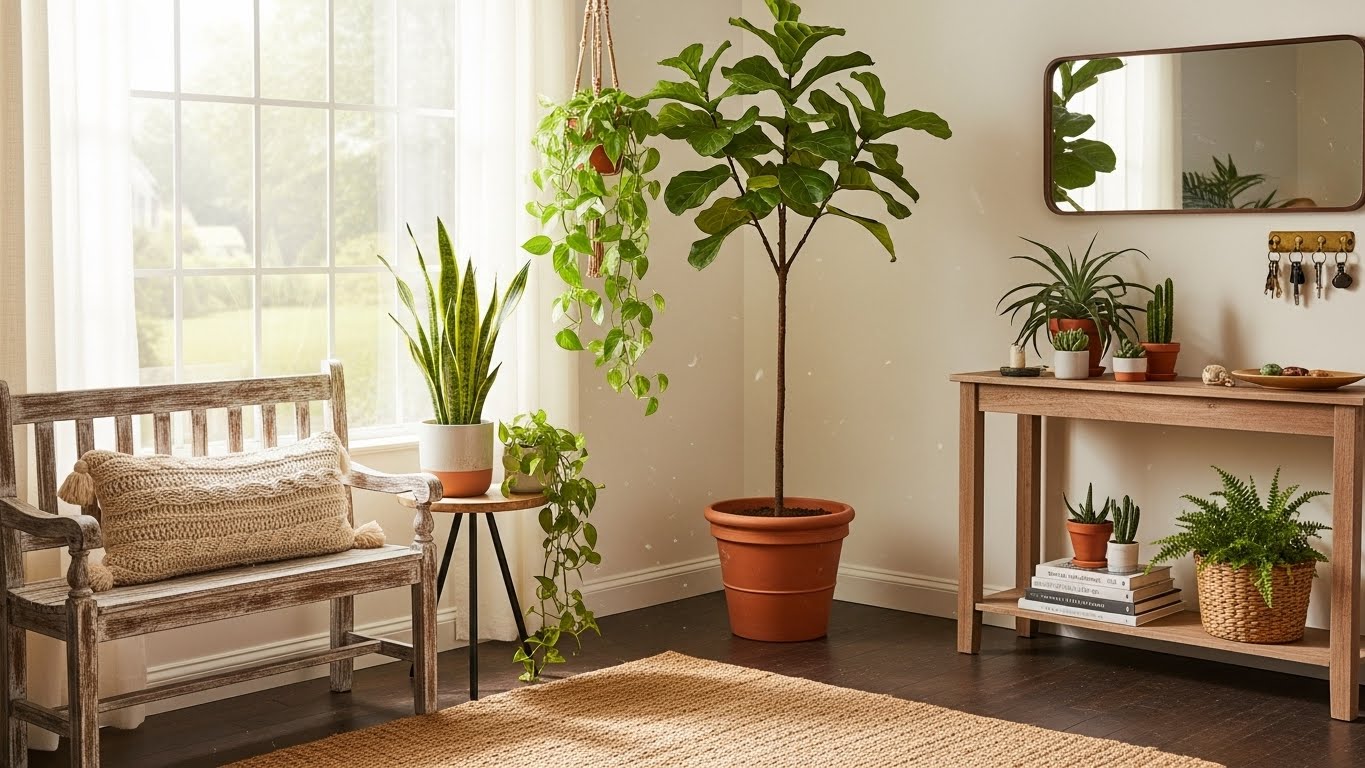 Entryway with houseplants like fiddle leaf fig, snake plant, and pothos