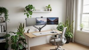 Stylish home office with indoor plants for a high-performance workspace