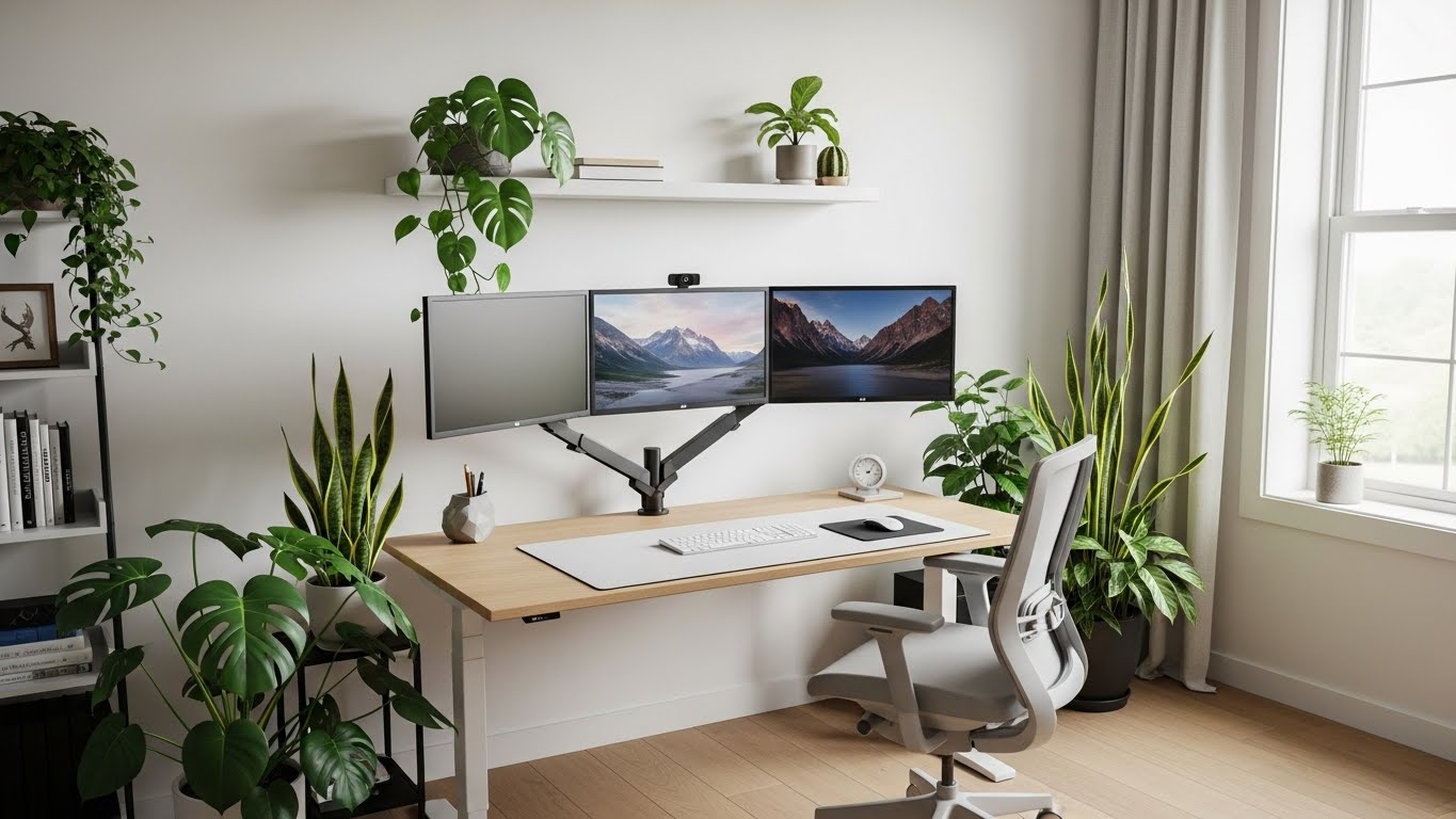Stylish home office with indoor plants for a high-performance workspace