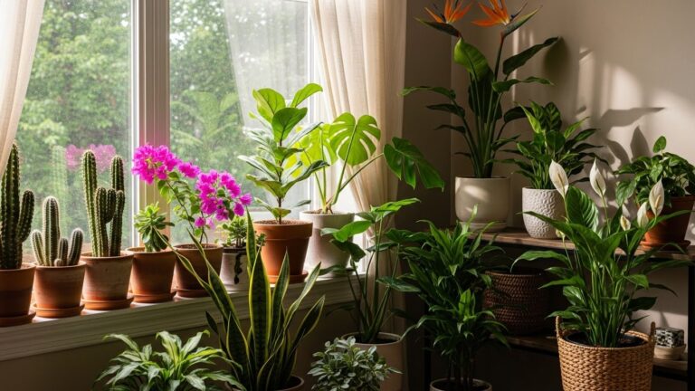 Indoor plants grouped by sunlight needs near a window.