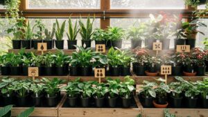 Indoor plants arranged by water needs with moisture signs