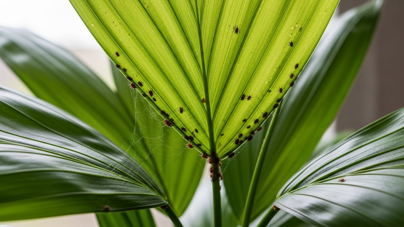 Close-up of an areca palm leaf indoors with small insects and spiderweb.