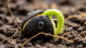 Bird of Paradise seed germinating indoors with dew drops