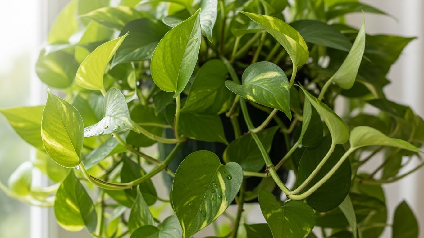 Full and vibrant pothos plant with long vines near sunny window