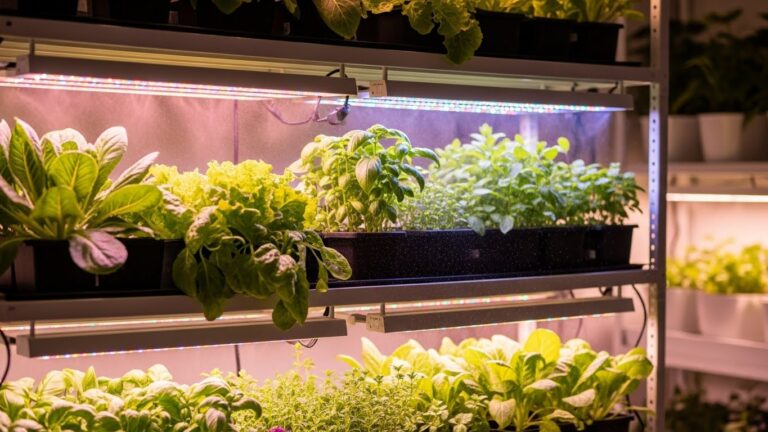 Indoor garden with grow lights nurturing leafy plants in windowless room