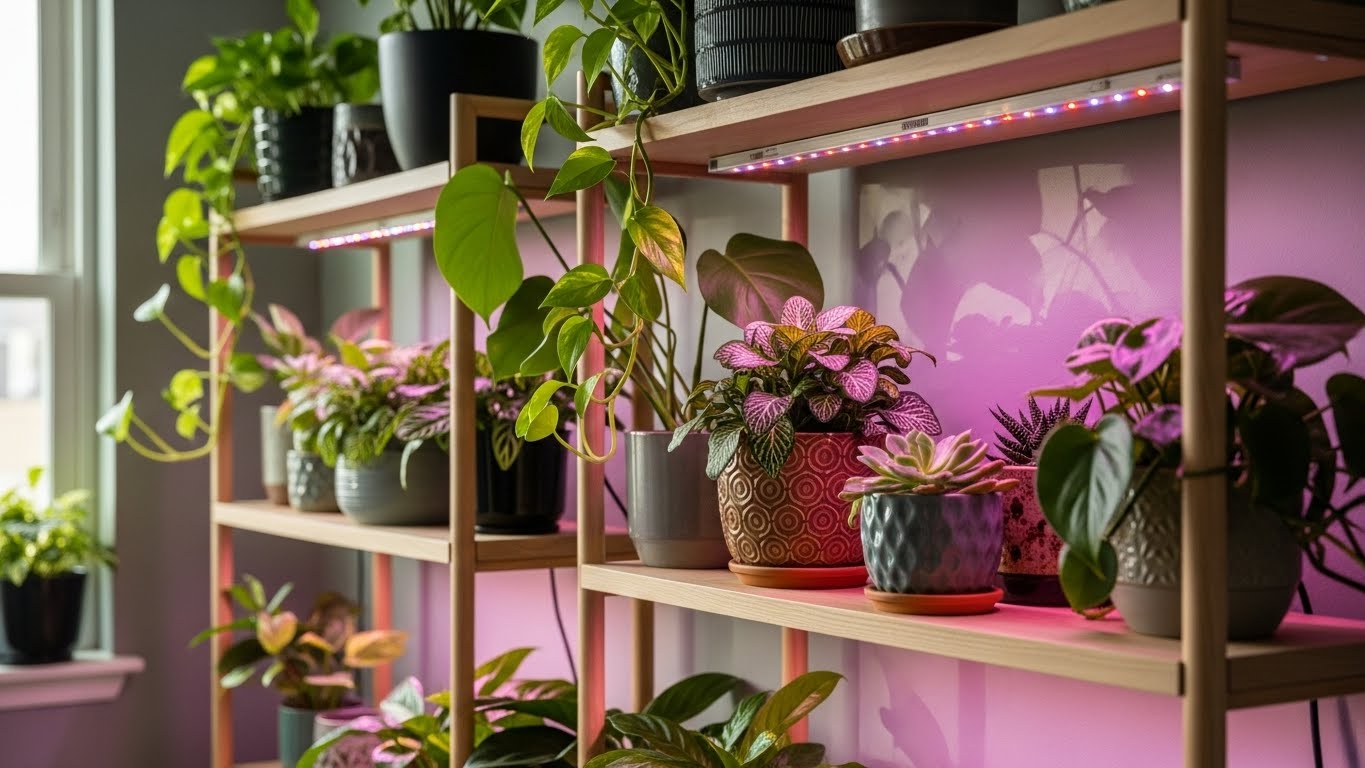 Indoor grow-light shelves with plants for dark corners