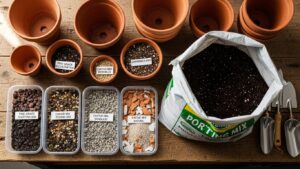 Indoor gardening supplies including pots, seed starting mix, and soil tools for grow light setup.