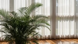 Areca palm in sunlight near window with sheer curtains