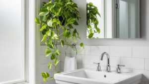 Lush pothos plant thriving in a bathroom by the sink and mirror