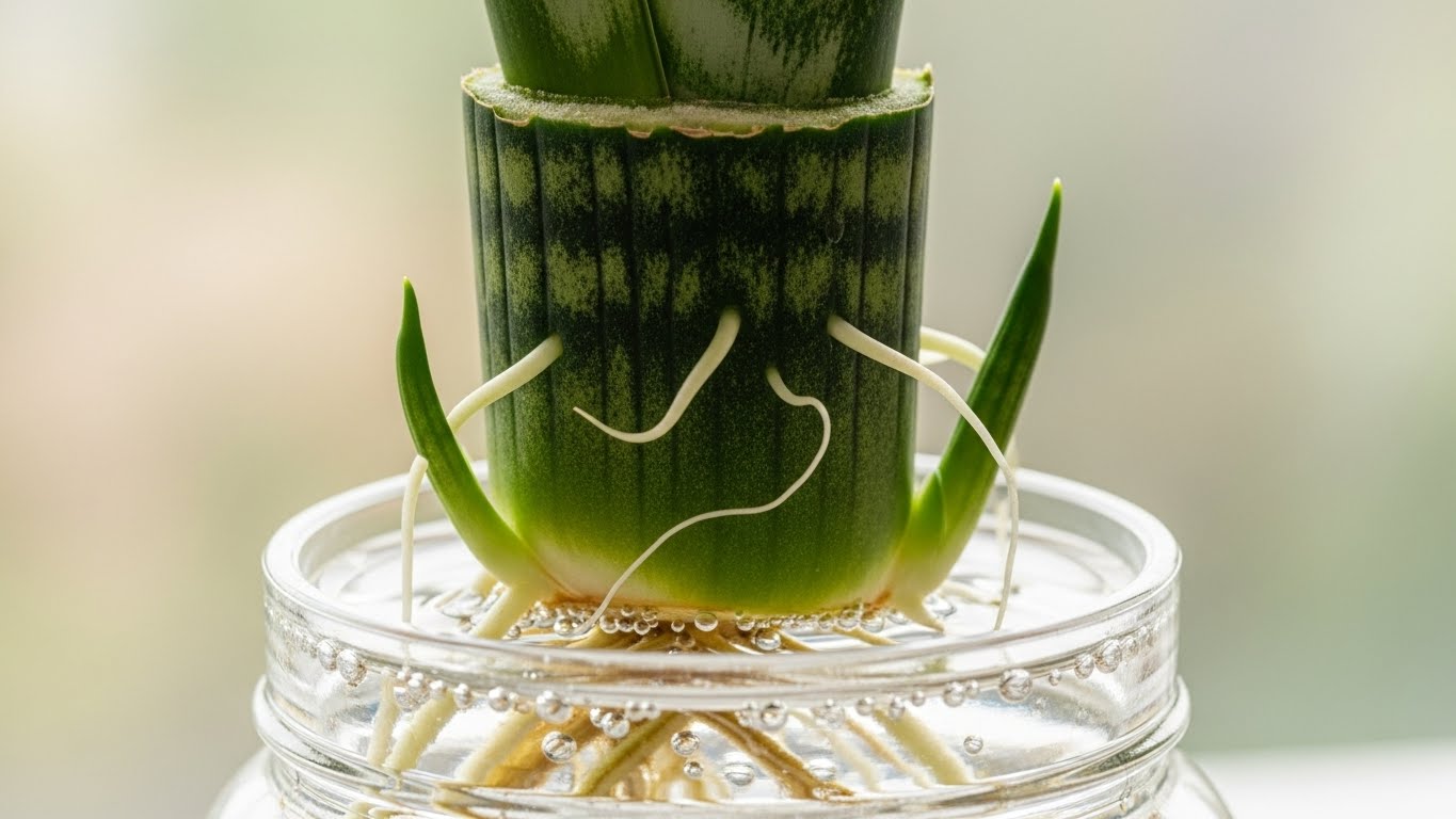 Snake plant leaf rooting in water with visible roots and new shoots