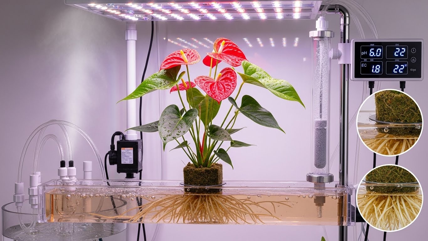 Hydroponic setup for growing anthuriums with clear water and LED light.