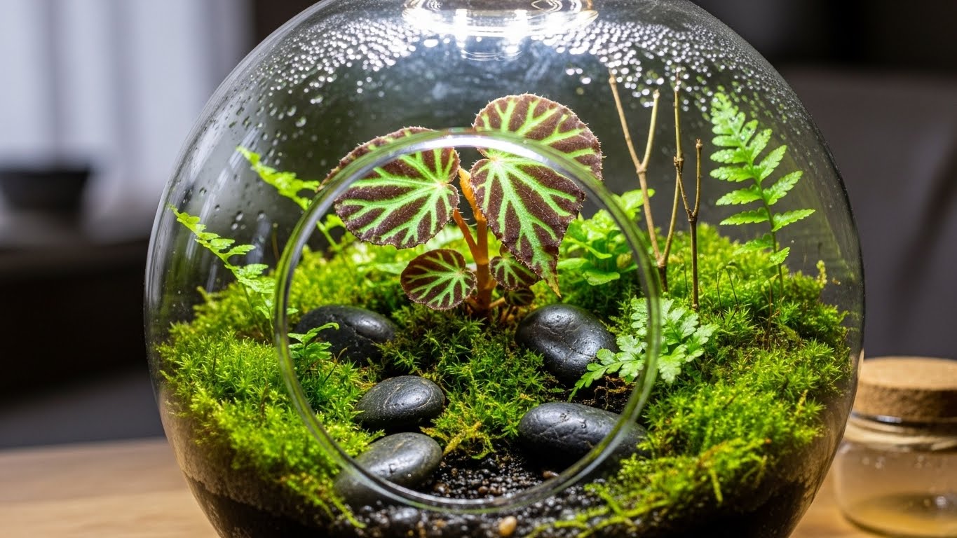 Terrarium showcasing vibrant begonias and lush greenery, perfect for indoor gardening.
