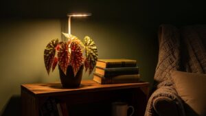 Colorful begonias illuminated by a plant light in a cozy low-light setting