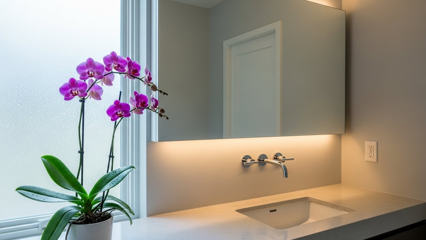 Vibrant orchid plant in a modern bathroom setting with sleek fixtures.