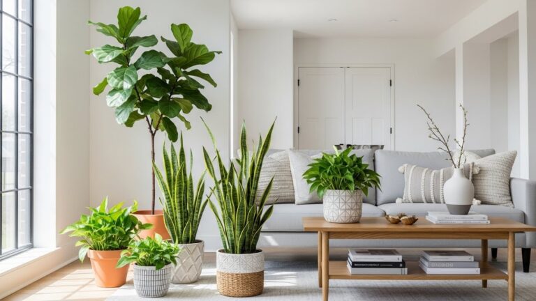 Hard-to-kill indoor plants in a stylish living room with comfortable seating.