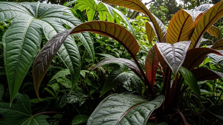 High-contrast foliage in lush garden greenery