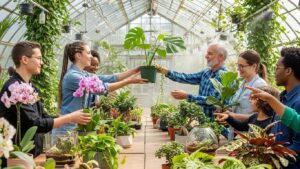 Group of people exchanging plants at a plant swap event in a greenhouse