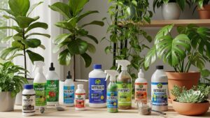 Houseplant fertilizers with various plants in a well-lit room