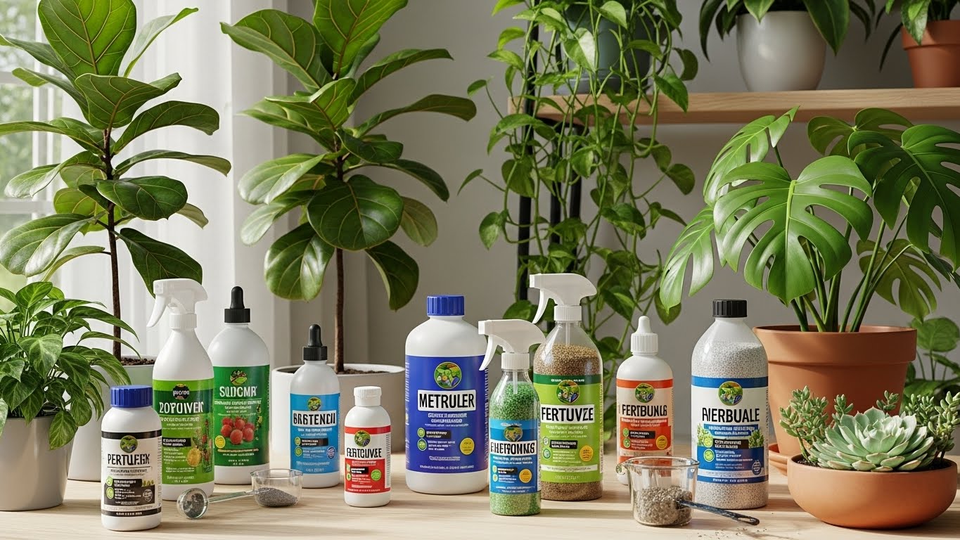 Houseplant fertilizers with various plants in a well-lit room
