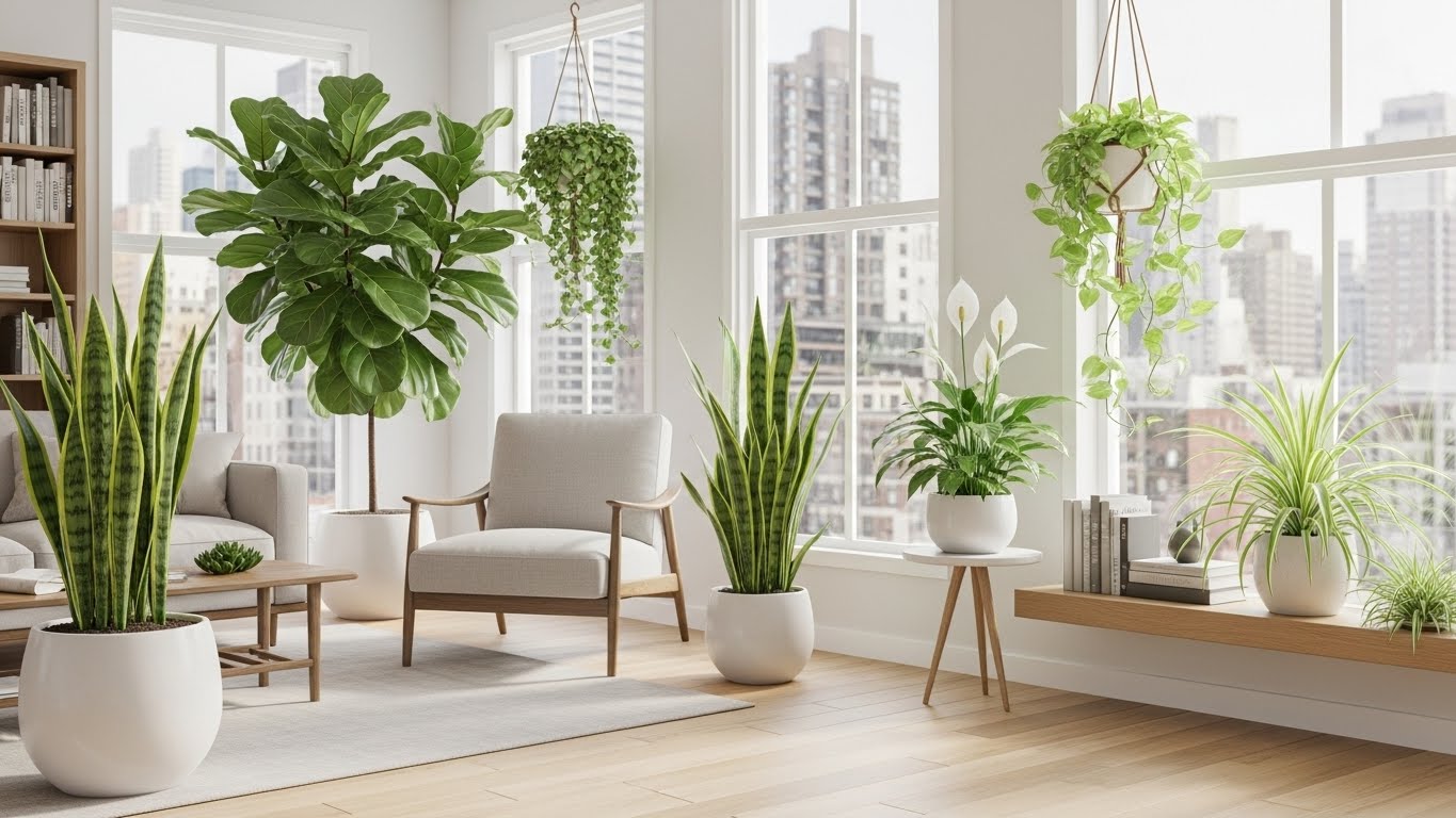 Bright living room filled with various potted houseplants near large windows