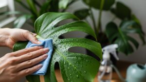 Person cleaning a houseplant leaf with a cloth