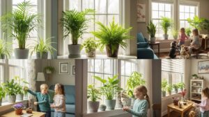 Variety of houseplants near windows attracting pests like gnats, mites, and mealybugs.