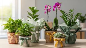 Assorted houseplants in decorative pots, ideal as housewarming gifts.