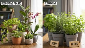 Indoor decorative plants and herb pots on a table, illustrating houseplants versus herb growing indoors.