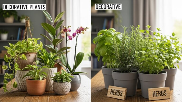 Indoor decorative plants and herb pots on a table, illustrating houseplants versus herb growing indoors.