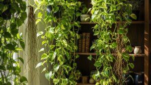 Lush indoor pothos plants with long vines in a well-lit room