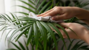 Parlor palm leaves being gently cleaned indoors