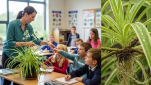 Spider plant care in classroom setting with children learning about plants