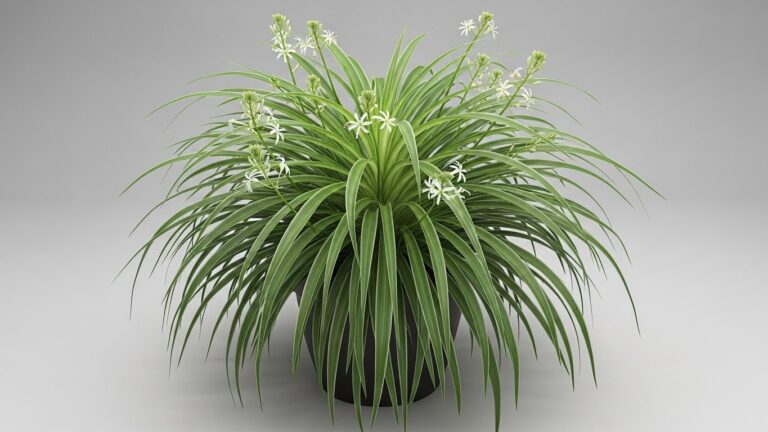 Healthy spider plant in a black pot showcasing lush green leaves and white flowers