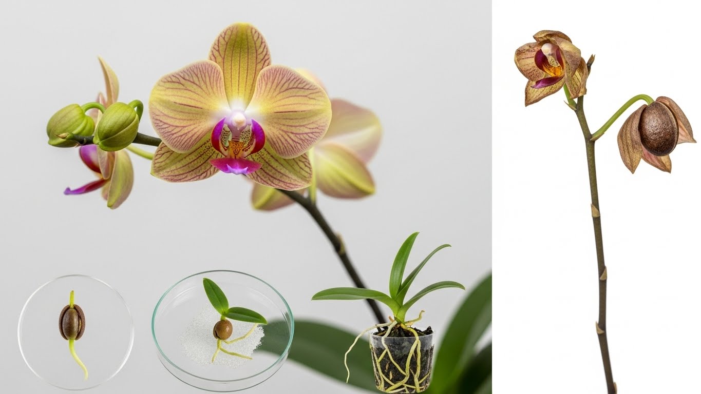 Stunning orchids showcasing their lifecycle from bloom to seed